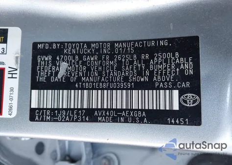 2015 Toyota Avalon Hybrid Xle Touring z USA, uszkodzony, nr VIN 4T1BD1EB8FU039591